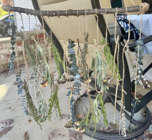 hanging herbs and flowers