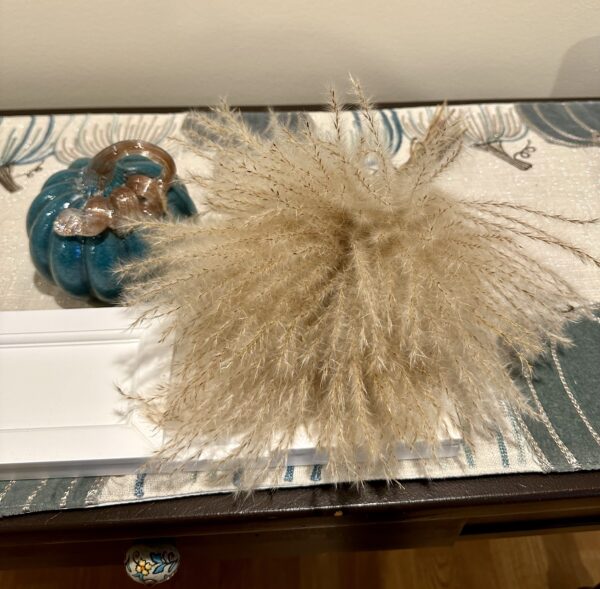 dried pampas grass stems on a white and blue cloth table