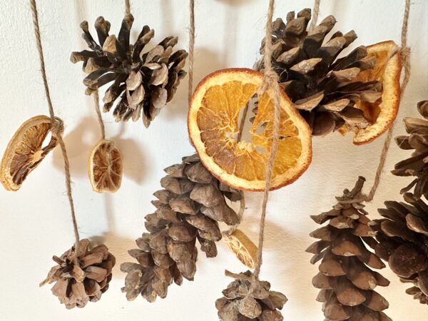 rustic pinecones and citrus wall hanging on jute twine string