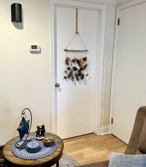 rustic pinecone and citrus wall hanging on a door